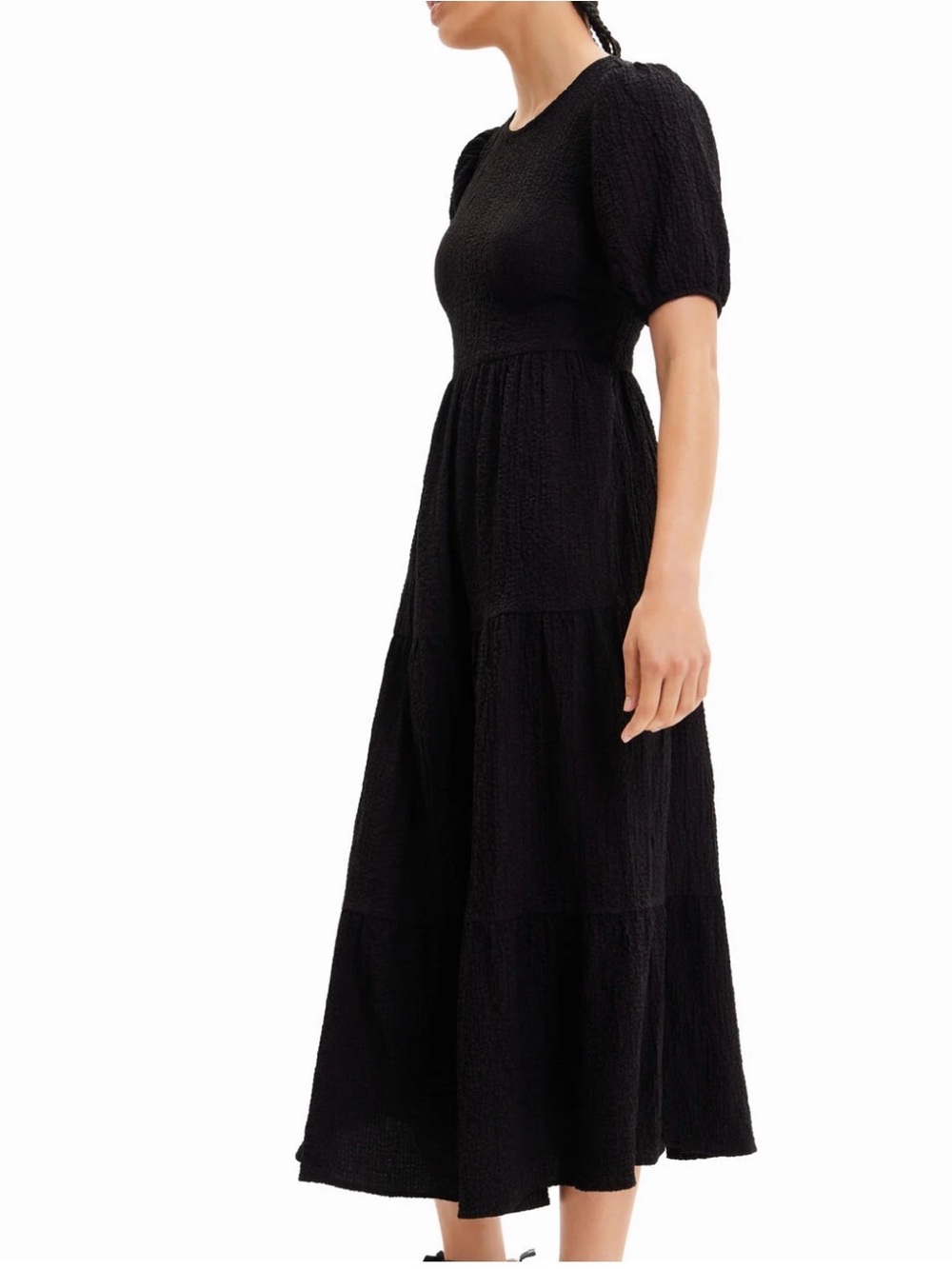 Black Puff-Sleeve Tiered Midi Dress - Desigual